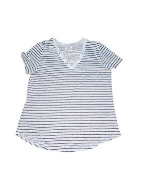 Maurices Womens Lace Up V-Neck Striped Shirt-White/Black-L-GUC